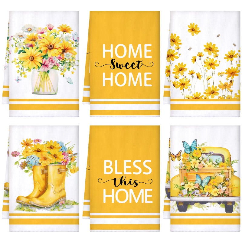 Boyiee Set of 6 Yellow Flower Kitchen Towels Decorative Floral Tea Towels Absorbent Home Dish Towels 24 x 16 Inch Truck Reusable Hand Towel Housewarming Gift for Farmhouse Kitchen Bathroom Decoration - Image 1