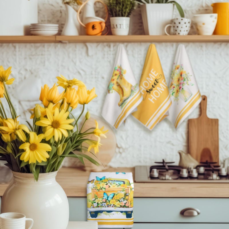 Boyiee Set of 6 Yellow Flower Kitchen Towels Decorative Floral Tea Towels Absorbent Home Dish Towels 24 x 16 Inch Truck Reusable Hand Towel Housewarming Gift for Farmhouse Kitchen Bathroom Decoration - Image 2