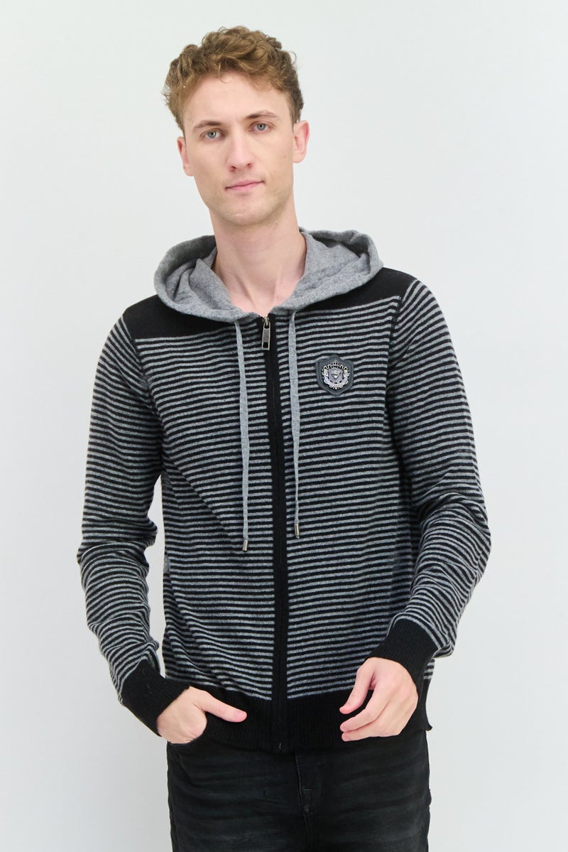 Ed Hardy سويت شيرت كامل بسحاب بغطاء رأس للرجال بشعار باتش، أسود - Image 1