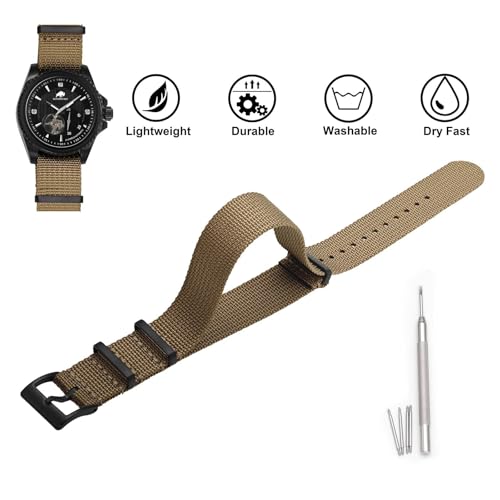 BISONSTRAP Nylon Watch Bands for Men, One-Piece Military Watch Straps, 20mm, Khaki Tan (Black Buckle) - Image 3