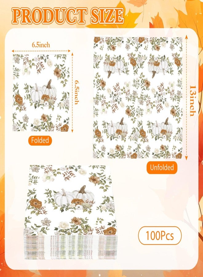 Purhapfre 100Pcs Fall Paper Napkins Party Supplies Autumn Thanksgiving Disposable Napkins White Pumpkin Flower Napkin Tableware Set for Fall Decor Thanksgiving Party Supplies(6.5 x 6.5 Inch) - Image 2