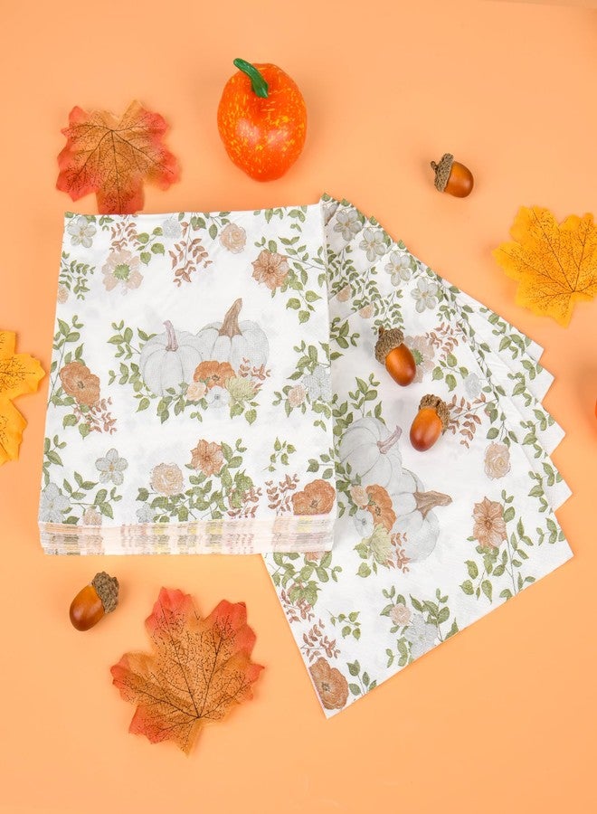 Purhapfre 100Pcs Fall Paper Napkins Party Supplies Autumn Thanksgiving Disposable Napkins White Pumpkin Flower Napkin Tableware Set for Fall Decor Thanksgiving Party Supplies(6.5 x 6.5 Inch) - Image 4