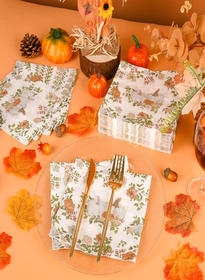 Purhapfre 100Pcs Fall Paper Napkins Party Supplies Autumn Thanksgiving Disposable Napkins White Pumpkin Flower Napkin Tableware Set for Fall Decor Thanksgiving Party Supplies(6.5 x 6.5 Inch) - Image 3