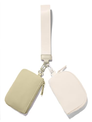 Viverte Mini Zip Around Keychain Wristlet Wallets Small Portable Dual Pounch Wristlet Detachable Coin Purse Pocket Gifts for Women Travel Sports Outdoors(Khaki+Cream White) - Image 1
