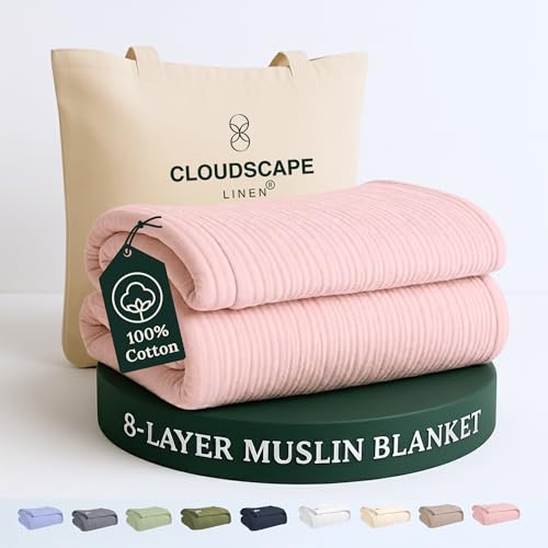 CloudScape Linen Cloud Scape Linen 8-Layer Muslin Blanket King Size for Adult - 100% Cotton, Breathable and Soft, Perfect Winter Cozy Blanket, Fits up to California King Bed, 92x108, Seashell Pink - Image 1