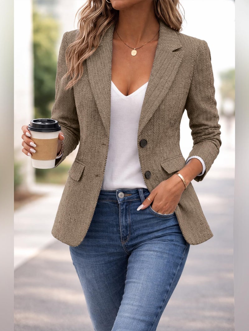 Mina Self Womens Tweed Blazer 2025 Fall Brown Herringbone Trendy Dressy Casual Work Professional Business Outfits Womens Suit Jacket Zhb014 Brown L - Image 5