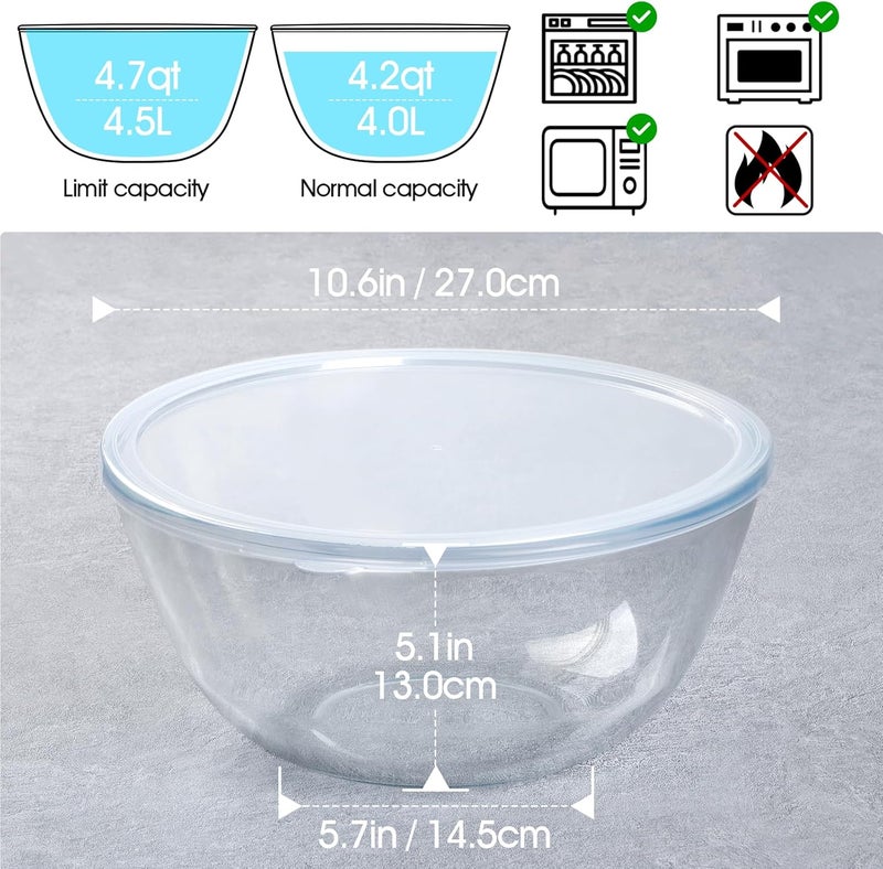 NUTRIUPS 4.7 Quart Large Glass Mixing Bowl with Lid, Deep Big Glass Bowl Large Glas Salad Bowl - Image 2