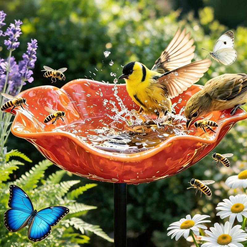 Metal Garden Bee Bath: 23.62in Handmade Pollinator Water Station with Bird Bath and Flower Design - Outdoor Yard Decor for Bees and Birds (Orange) - Image 2