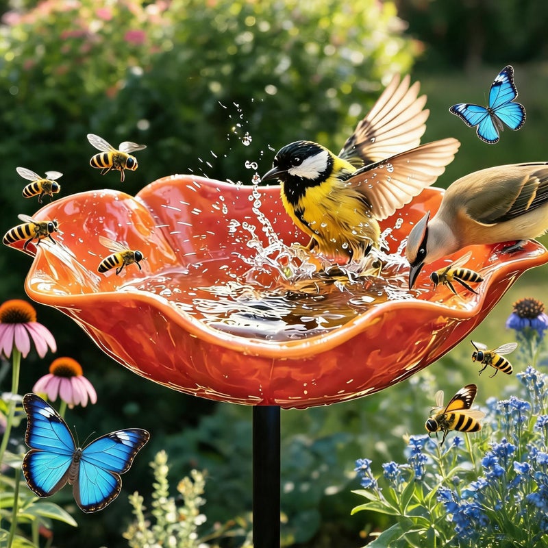 Metal Garden Bee Bath: 23.62in Handmade Pollinator Water Station with Bird Bath and Flower Design - Outdoor Yard Decor for Bees and Birds (Orange) - Image 1