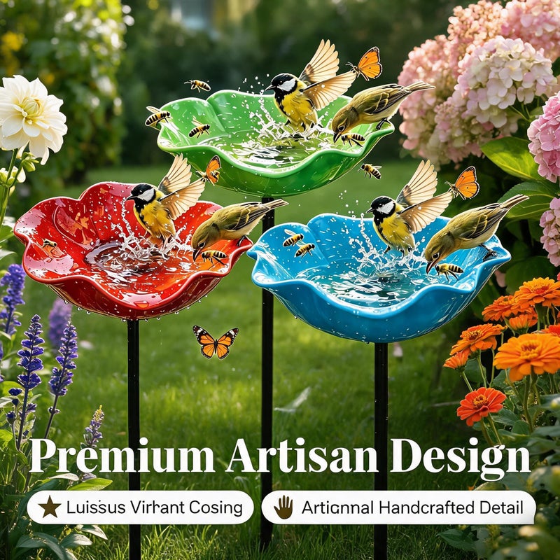 Metal Garden Bee Bath: 23.62in Handmade Pollinator Water Station with Bird Bath and Flower Design - Outdoor Yard Decor for Bees and Birds (Orange) - Image 4