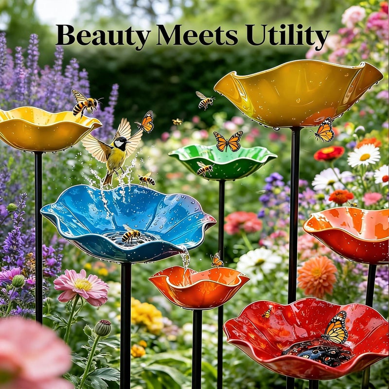 Metal Garden Bee Bath: 23.62in Handmade Pollinator Water Station with Bird Bath and Flower Design - Outdoor Yard Decor for Bees and Birds (Orange) - Image 5