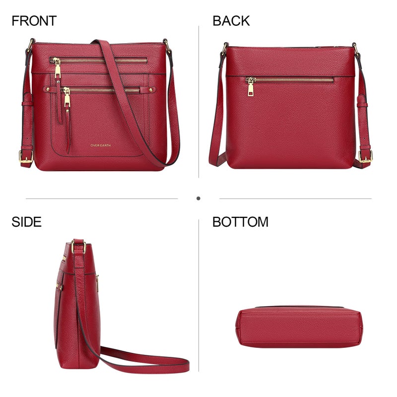 Over Earth Leather Crossbody Bags for Women Medium Shoulder Purse Multi Pocket Shoulder Handbag with Adjustable Strap(O199E Wine Red) - Image 3