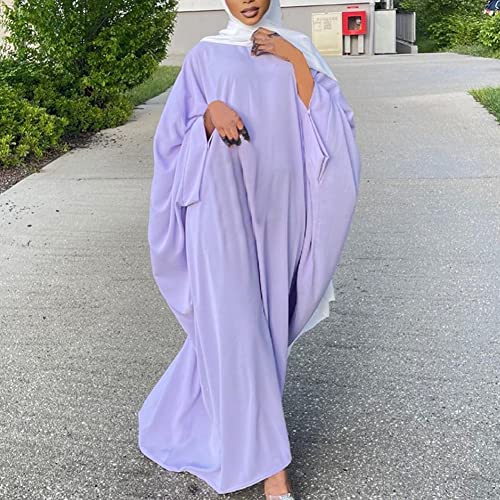 IKADEX Muslim Dress for Women Pakistani Kaftan Abaya Robe + Hijab Arabic Islamic Prayer Clothes Dubai Outfits Light Purple Set - Image 4