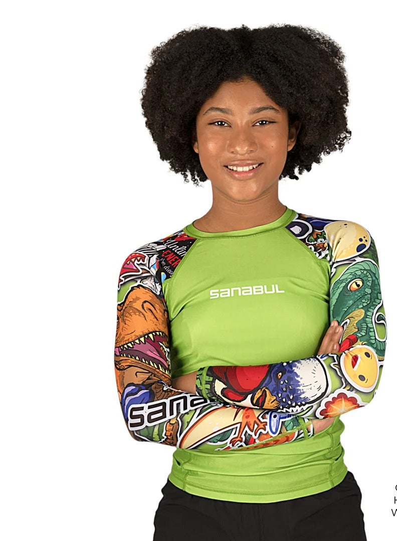Sanabul  SB KIDS RASH GUARD DINO JUNGLE GREEN  MEDIUM - Image 1