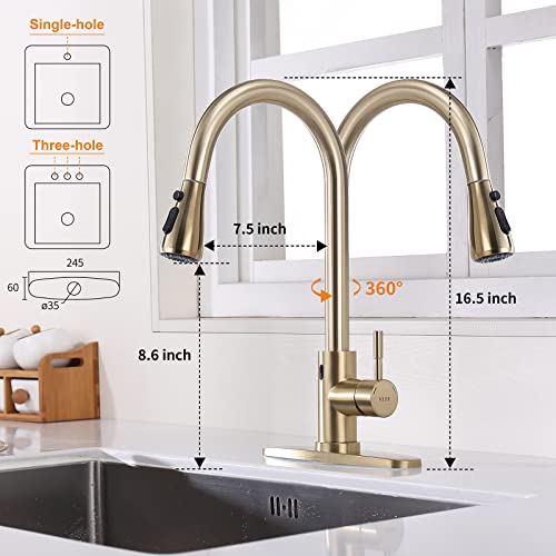 Keer Touchless Faucet with Pull Down Sprayer, Motion Sensor & Soap Dispenser - Single High Arc Pull Out Faucet for Kitchen Sink, RV, Gold - Image 3