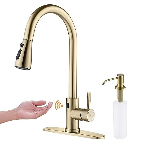 Keer Touchless Faucet with Pull Down Sprayer, Motion Sensor & Soap Dispenser - Single High Arc Pull Out Faucet for Kitchen Sink, RV, Gold - Image 1