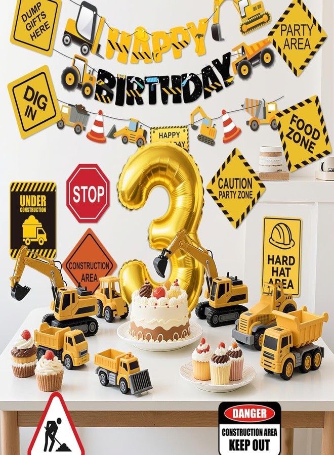 FIGEPO Construction 3rd Birthday Party Supplies Dump Truck Third Party Decorations Kits Set for Kids Three Years Old Birthday with Different Kinds Banner and Signs - Image 4
