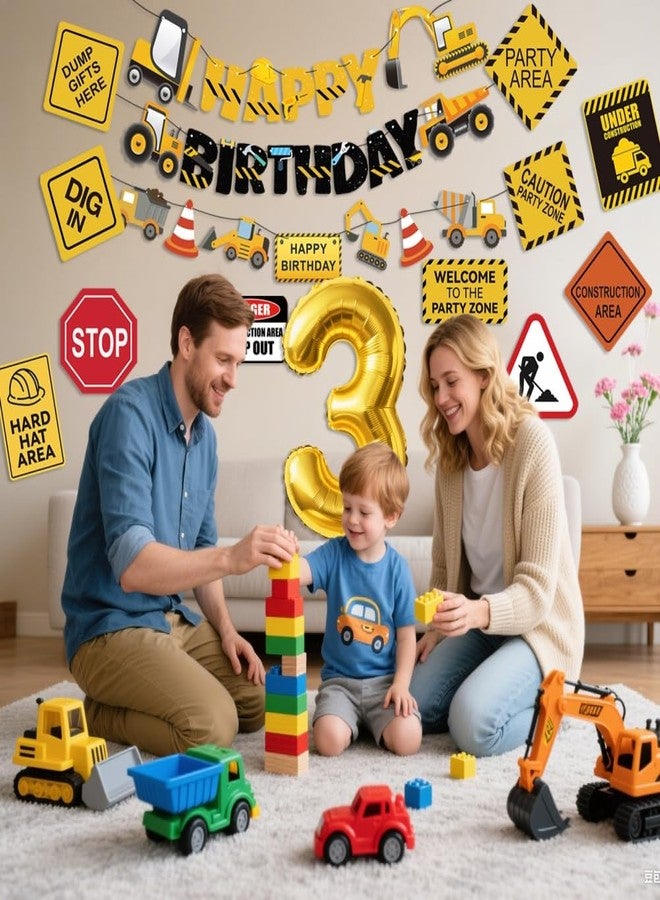 FIGEPO Construction 3rd Birthday Party Supplies Dump Truck Third Party Decorations Kits Set for Kids Three Years Old Birthday with Different Kinds Banner and Signs - Image 3