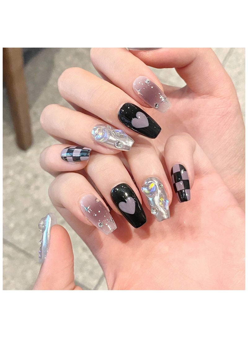 10Pcs Handmade Sparkling Press on Nails with Heart Pattern and Diamonds, Lucky Purple Star, Medium Length Nail Tip Set for Women and Girls - Image 1