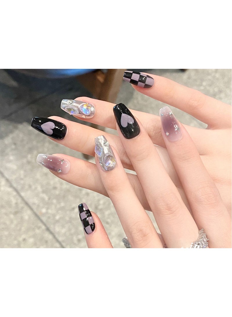 10Pcs Handmade Sparkling Press on Nails with Heart Pattern and Diamonds, Lucky Purple Star, Medium Length Nail Tip Set for Women and Girls - Image 2