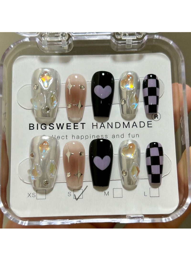 10Pcs Handmade Sparkling Press on Nails with Heart Pattern and Diamonds, Lucky Purple Star, Medium Length Nail Tip Set for Women and Girls - Image 3