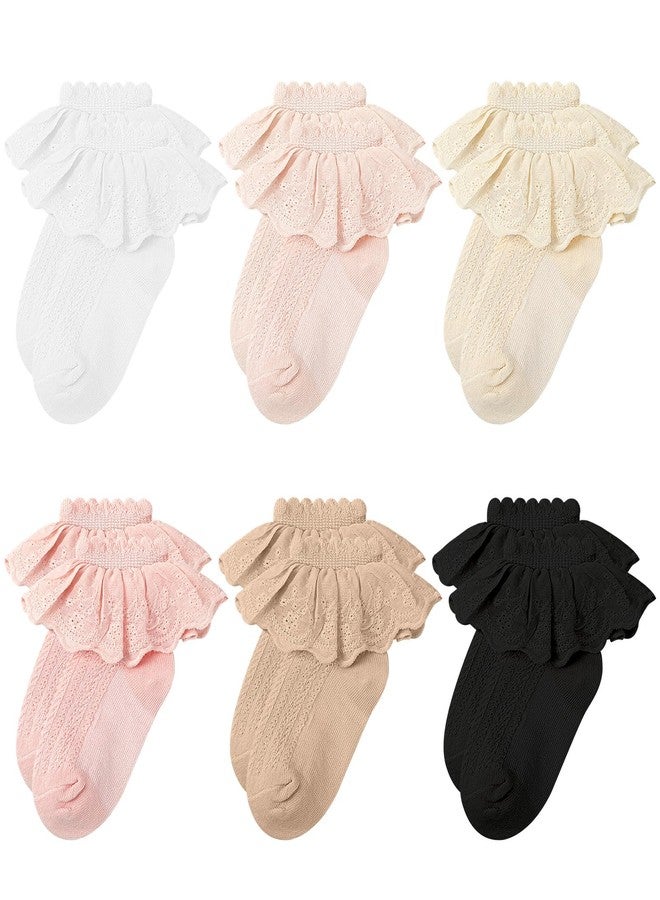 Jansun 6 Pairs Toddler Girls Ruffle Socks Baby Girl Lace Ruffle Socks Cotton Socks Eyelet Frilly Princess Infant Baby Toddler Girl Fancy Dress Socks - Image 1