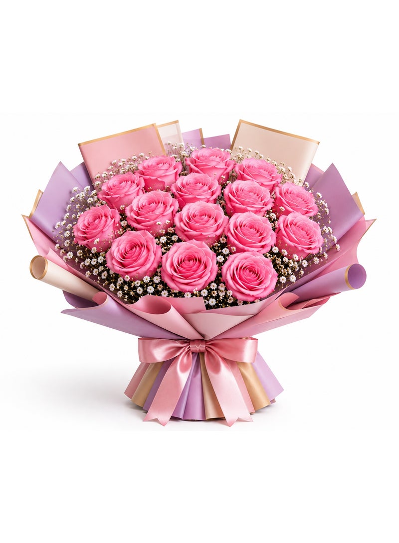 CRESCENT Flowers 15 Pink Roses Bouquet with Baby's Breath and Pink Gold-Trimmed Wrapping - Image 2