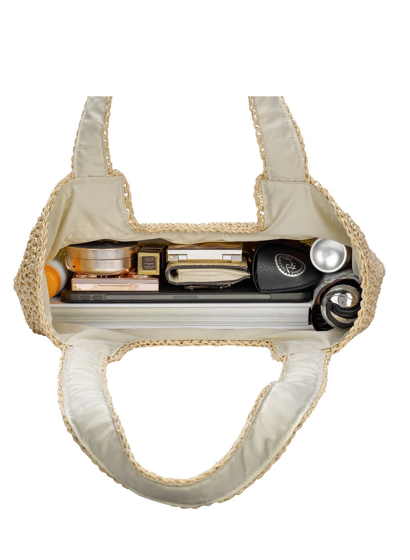 Zikra Handmade Straw Beach Tote Bag,Large Capacity Women Woven Tote Bag ,Stylish ,Super light Hobo Bag Shoulder Bag for Beach Picnic Summer Vacation, Beige, Beig - Image 2