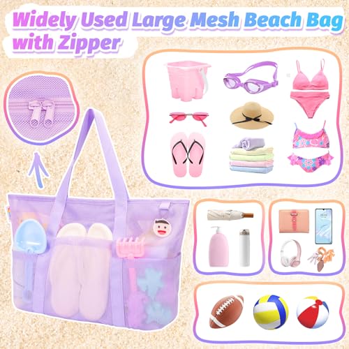 Tagitary Mesh Beach Bag with Zipper and 8 Pockets, Purple Large Beach Tote Waterproof Sandproof for Camping Sports Pool Swim Bag Foldable Beach Accessories Toys Storage Travel Bag - Image 5