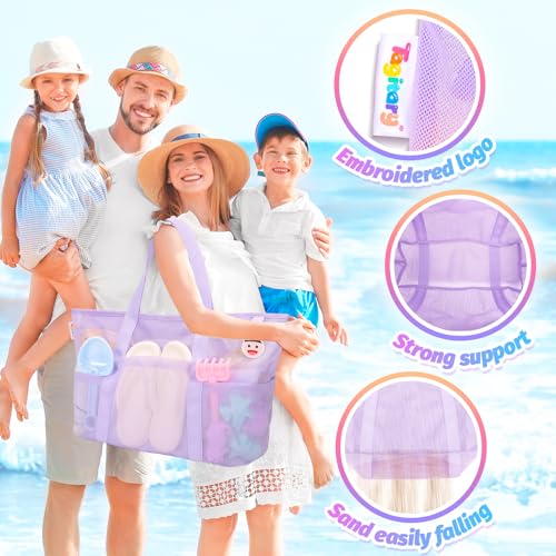 Tagitary Mesh Beach Bag with Zipper and 8 Pockets, Purple Large Beach Tote Waterproof Sandproof for Camping Sports Pool Swim Bag Foldable Beach Accessories Toys Storage Travel Bag - Image 4