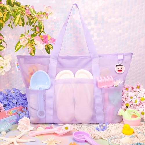 Tagitary Mesh Beach Bag with Zipper and 8 Pockets, Purple Large Beach Tote Waterproof Sandproof for Camping Sports Pool Swim Bag Foldable Beach Accessories Toys Storage Travel Bag - Image 2