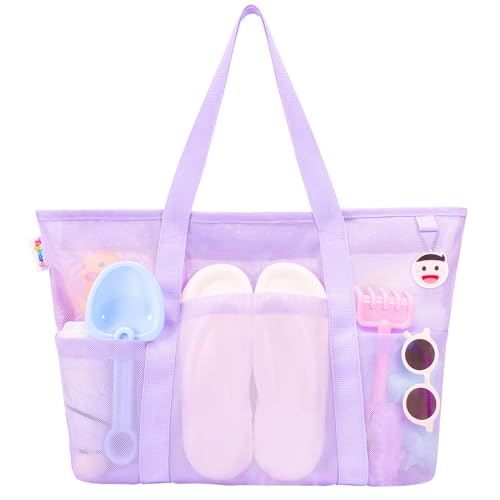 Tagitary Mesh Beach Bag with Zipper and 8 Pockets, Purple Large Beach Tote Waterproof Sandproof for Camping Sports Pool Swim Bag Foldable Beach Accessories Toys Storage Travel Bag - Image 1