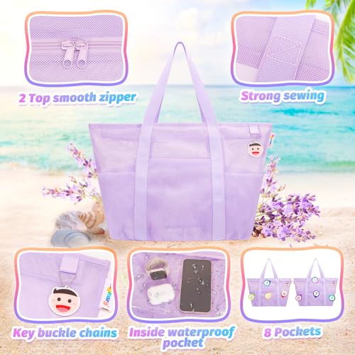 Tagitary Mesh Beach Bag with Zipper and 8 Pockets, Purple Large Beach Tote Waterproof Sandproof for Camping Sports Pool Swim Bag Foldable Beach Accessories Toys Storage Travel Bag - Image 3