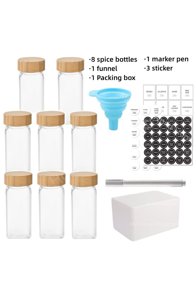 مجموعة من 8 برطمانات زجاجية للتوابل مع أغطية من الخيزران، تتضمن علب توابل، وعلب ملح وفلفل.