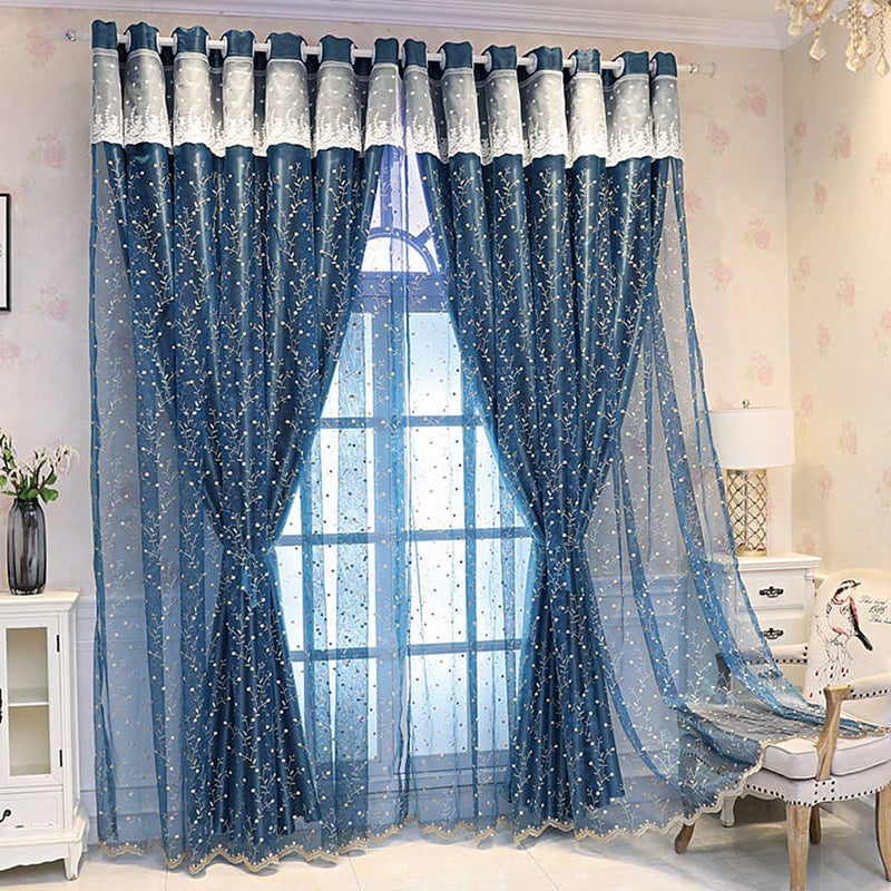 Amidoudou 1 Pair Double Layer Flower Curtains for Living Room Pastoral Cherry Patterned Embroidered Curtains for Bedroom (Royal Blue,54x84 Inch) - Image 1
