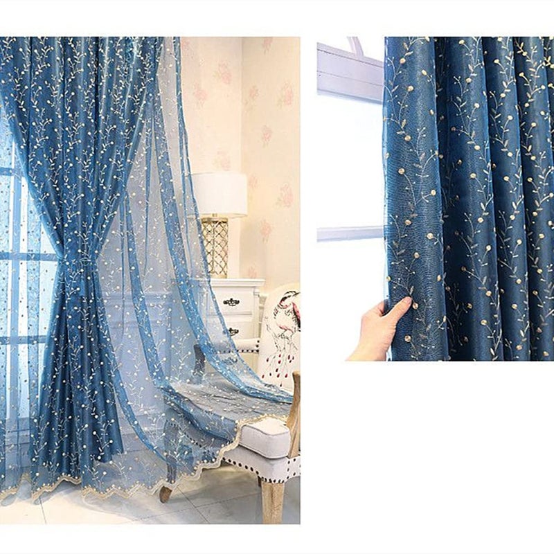 Amidoudou 1 Pair Double Layer Flower Curtains for Living Room Pastoral Cherry Patterned Embroidered Curtains for Bedroom (Royal Blue,54x84 Inch) - Image 4
