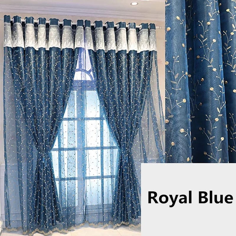 Amidoudou 1 Pair Double Layer Flower Curtains for Living Room Pastoral Cherry Patterned Embroidered Curtains for Bedroom (Royal Blue,54x84 Inch) - Image 2