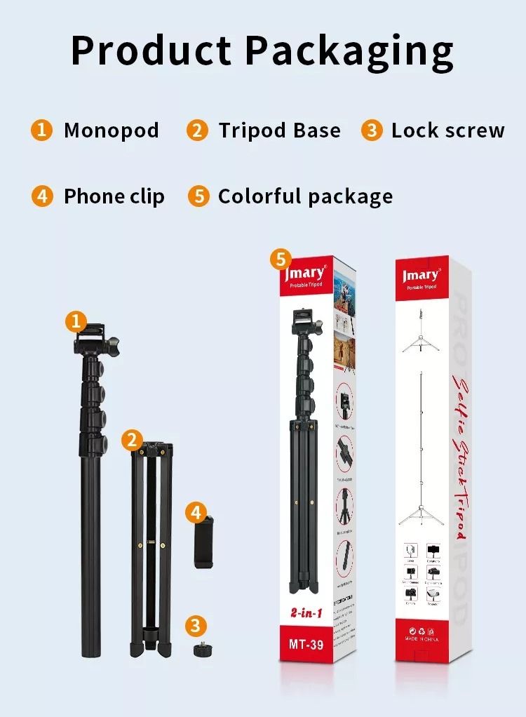 Jmary MT39 61inch Aluminum Extendable Cell Phone Tripod Stand with Selfie Stick Tripod and Phone Clip - Image 5