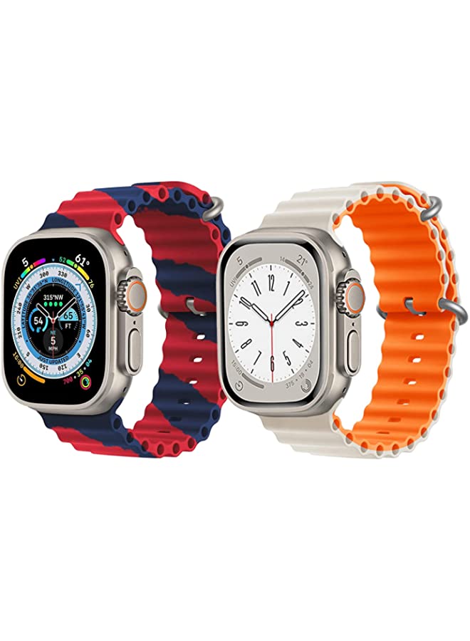 IAF Silicone Ocean Band Strap for Apple Watch Ultra 8 49mm Red/Blue Double Line Strap with White/Orange Double Side Strap Set of 2