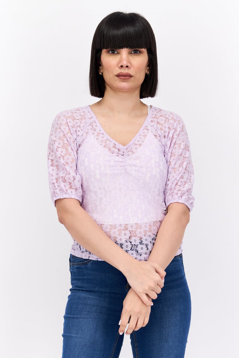 PIECES Women V Neck Short Sleeves Textured Blouse, Lavender - Image 1