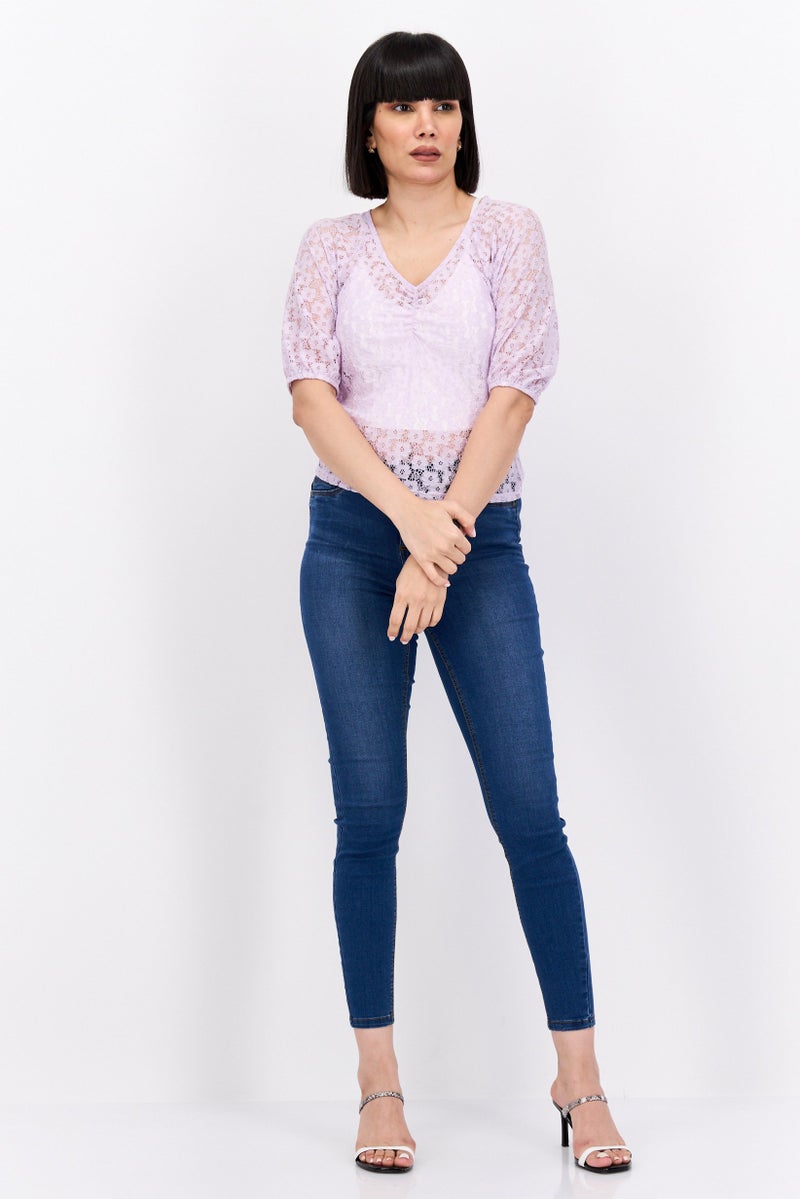 PIECES Women V Neck Short Sleeves Textured Blouse, Lavender - Image 3