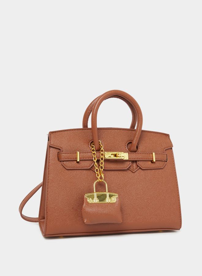 Styli Brown Twist Lock Handbag with Purse Charm - Image 1