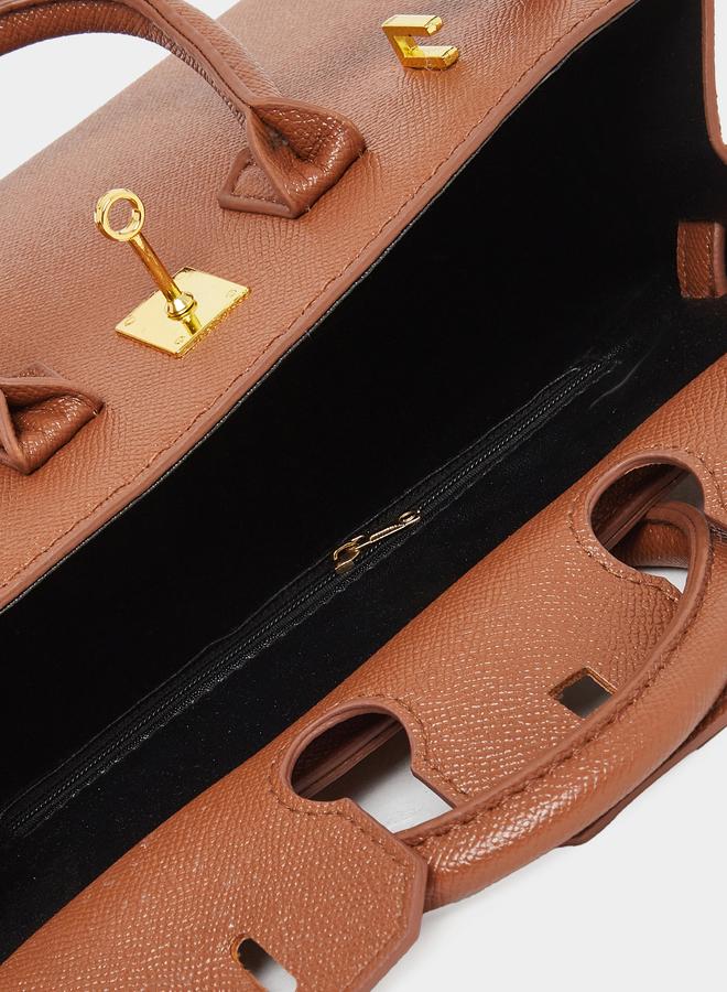 Styli Brown Twist Lock Handbag with Purse Charm - Image 4