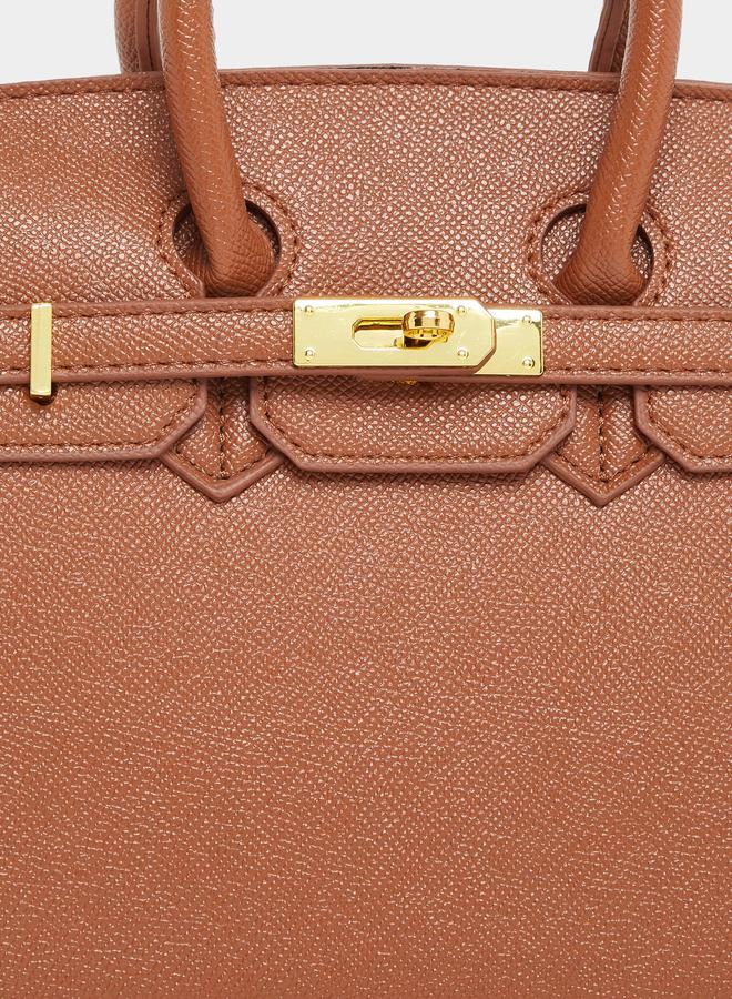 Styli Brown Twist Lock Handbag with Purse Charm - Image 3