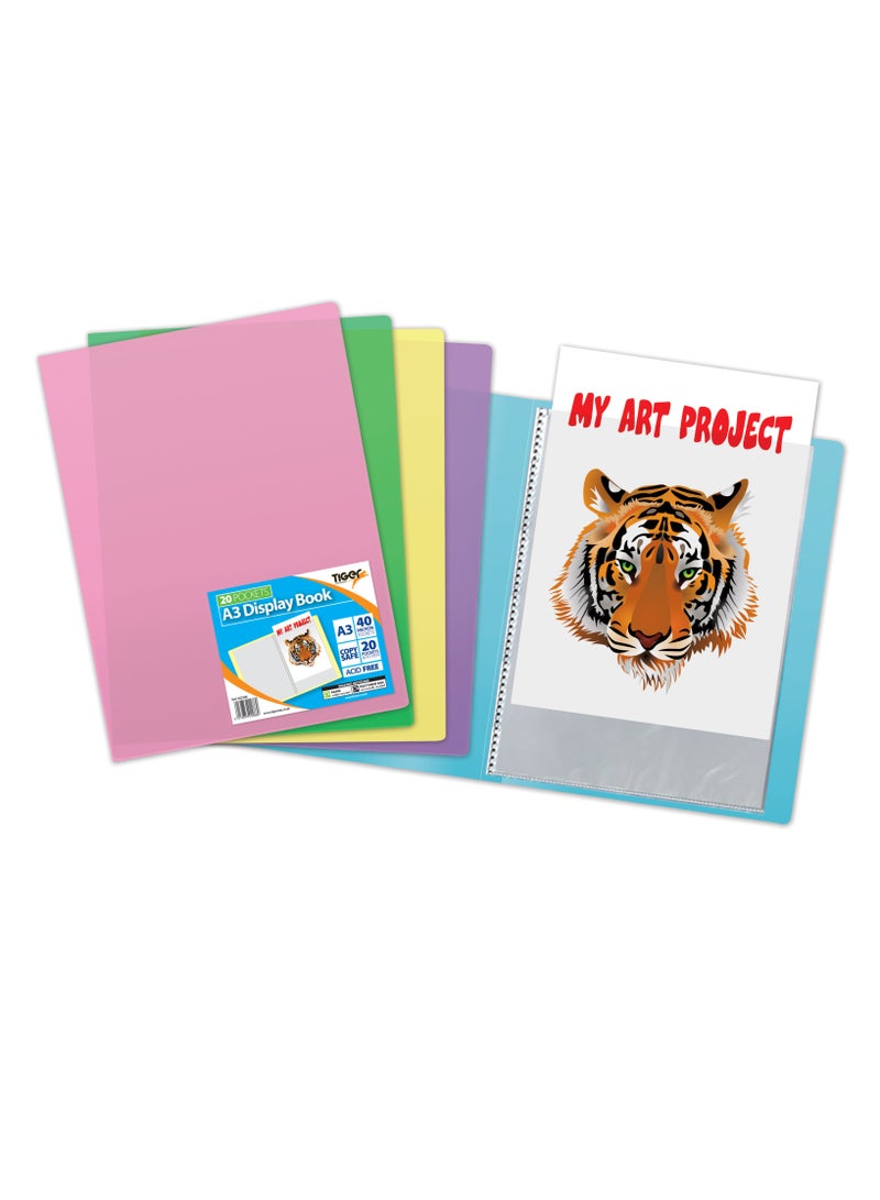 TIGER A3 Flexi Cover Pastel Display Book, 20Pockets/40 Veiws, Copy Safe, Acid Free, 40 Micron, 400 Micron Cover, Glass Clear Pockets - Image 1