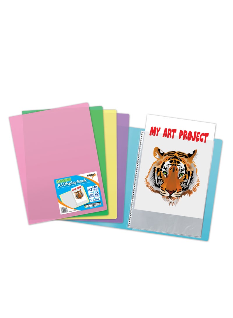 TIGER A3 Flexi Cover Pastel Display Book, 20Pockets/40 Veiws, Copy Safe, Acid Free, 40 Micron, 400 Micron Cover, Glass Clear Pockets - Image 2
