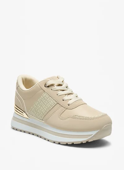 Flora Bella By Shoexpress Women's Monogram Pand Lace-Up Ankle Sneakers with Metallic Detail