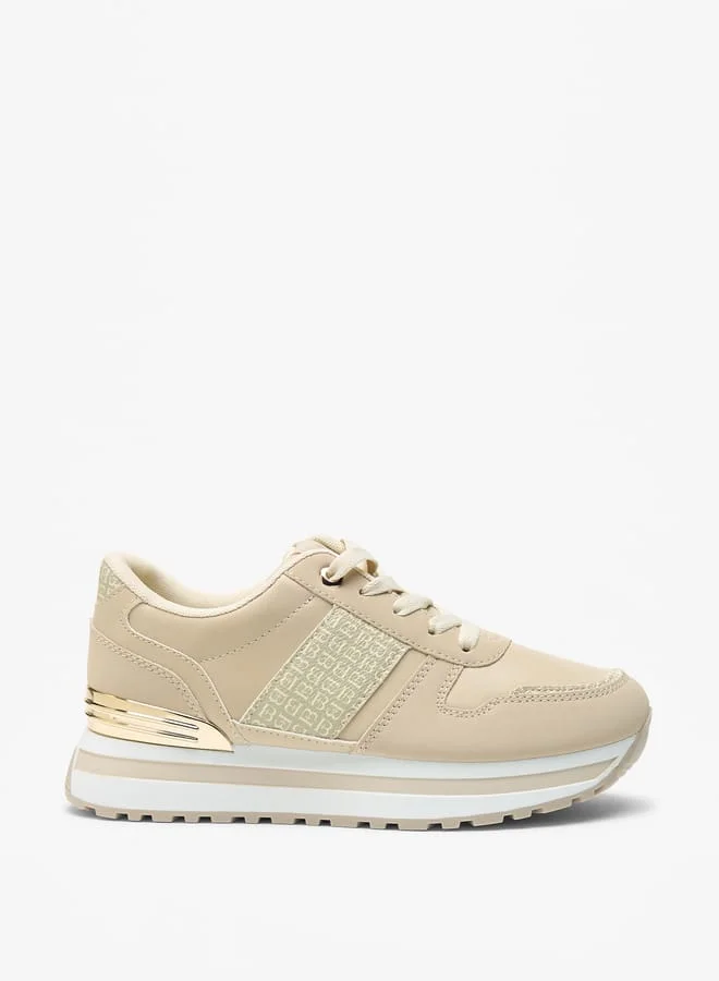 Flora Bella By Shoexpress Women's Monogram Pand Lace-Up Ankle Sneakers with Metallic Detail