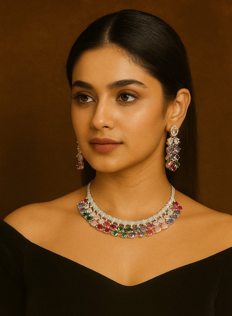 RAM JEWELLERY Luxury Multicolor Gemstone Bridal Necklace & Earrings Set | Premium Wedding Jewelry | Statement Choker for Women - Image 1