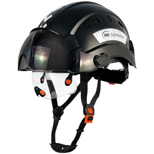 SAFEBUILDER Industrial Safety Helmet with Build-in Visor ABS Hard Hat with Visor Adjustable Ventilation OSHA Approved Hardhats Construction Head Protection (Black Helmet with Clear & Tinted Visor) - Image 1